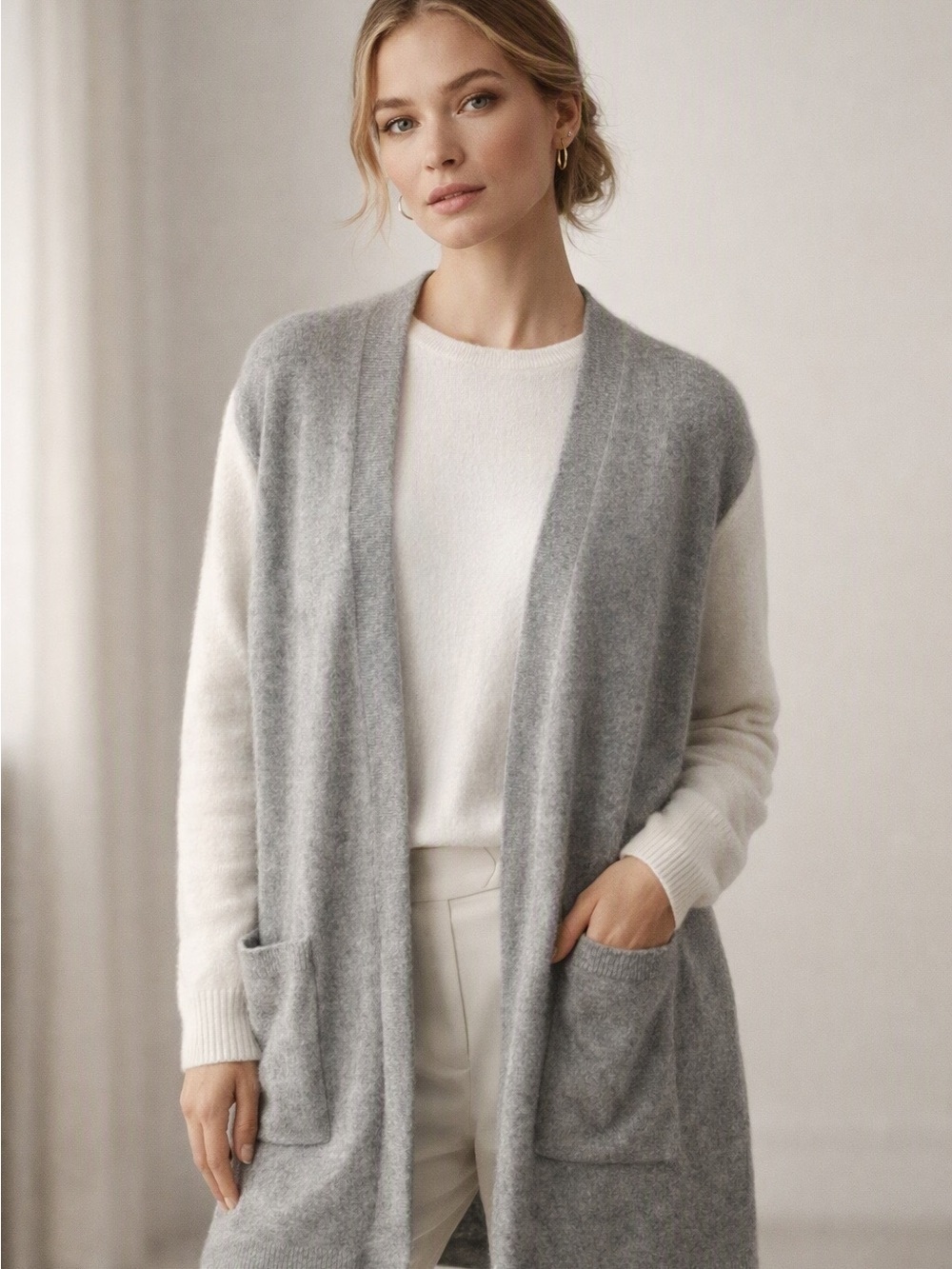 Madewell Merino Wool Alpaca Colorblock Open Front Cardigan Gray Cream XS